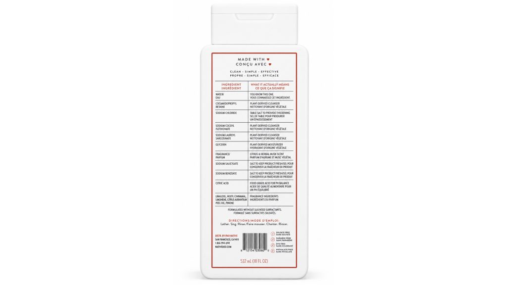 Back label of Native body wash showing ingredient list translated into plain English