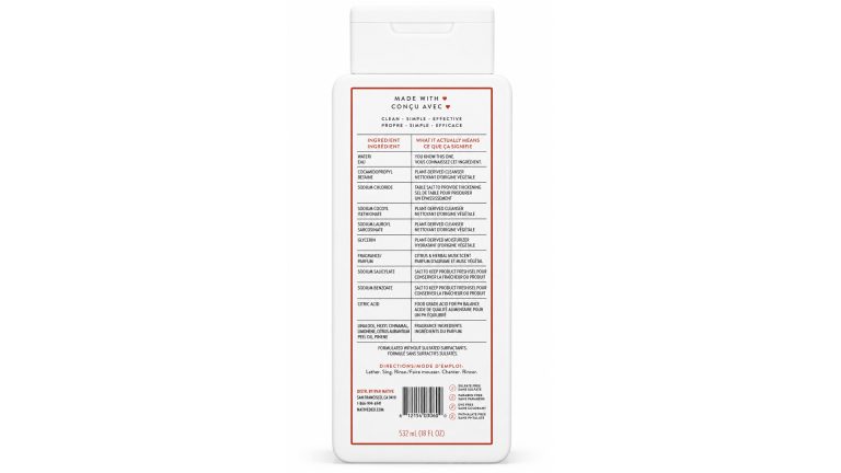 Back label of Native body wash showing ingredient list translated into plain English