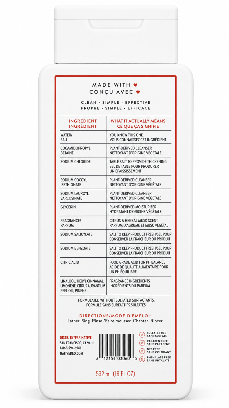 Back label of Native body wash showing ingredient list translated into plain English